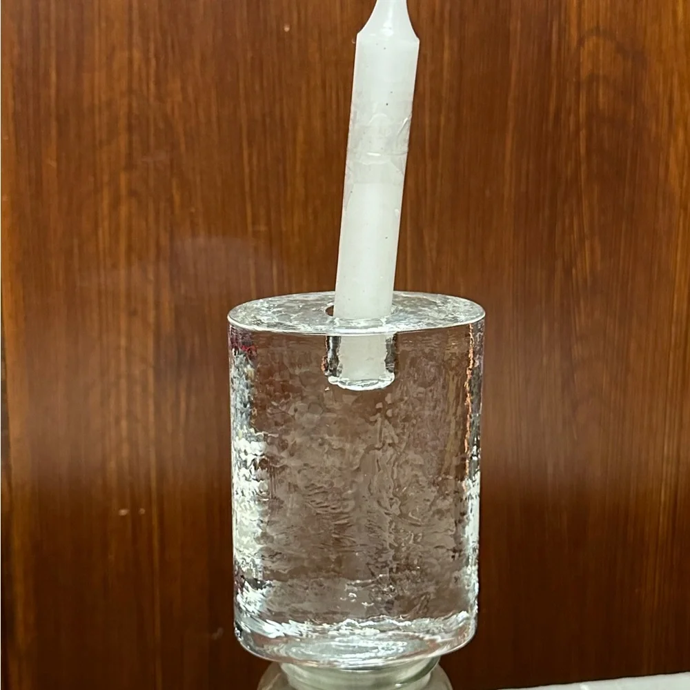 Crate & Barrel Large Ice texture Glass paperweight taper candle holder